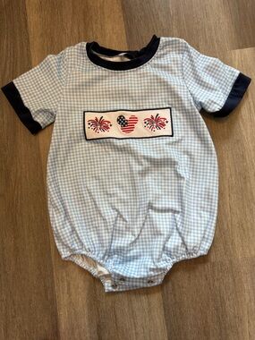 Light Blue Gingham Baby One-Piece with Navy Trim and Patriotic Applique